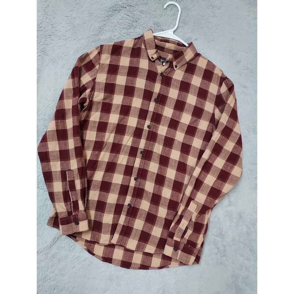 Levis Made And Crafted Shirt Men Size 2 MediumBuffalo Check Flannel Burgundy Tan